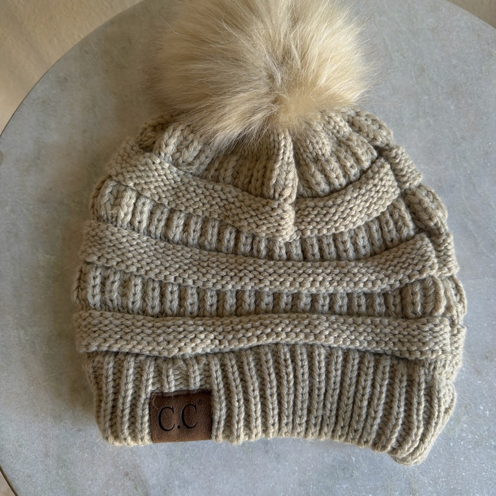 C.C Tan Knit Hat with Faux Fur Pom